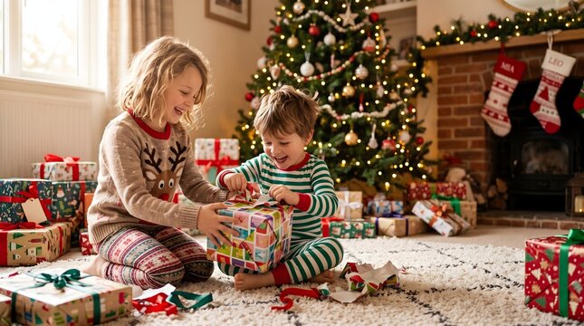 Young siblings opening Christmas gifts together in front of a decorated tree