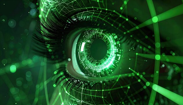 Digital eye formed by green lines and grid, technology data vision and cybersecurity