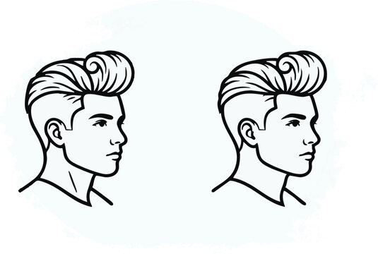 Man profile line art illustration featuring a modern pompadour haircut with shaved sides isolated on a white background.