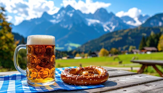 Oktoberfest celebration table with beer stein, pretzel and Bavarian Alps mountain view