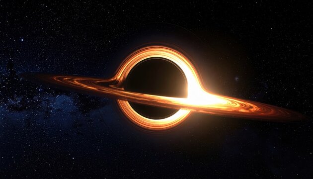 Luminous black hole with glowing accretion disk and stars, realistic deep space