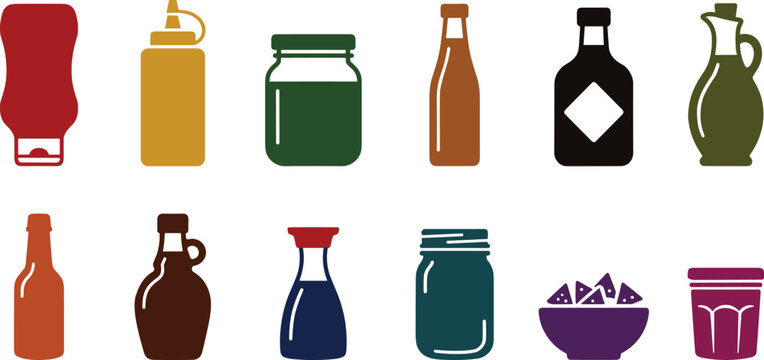 Kitchen and pantry condiment bottle icon set featuring ketchup, mustard, jars, oil, vinegar, and bowls in various colors on white background