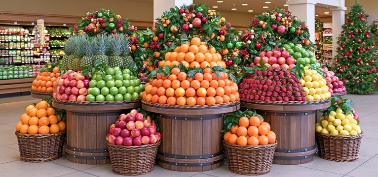 Holiday-themed arrangement featuring fresh fruits and festive decorations with a lively, welcoming vibe.