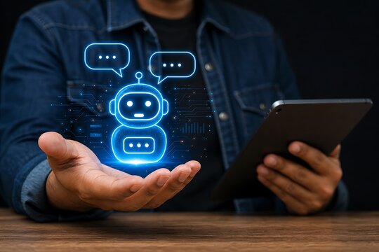 Hands holding digital chat bubbles with robot avatar icons