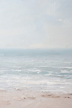 Abstract oil painting presenting gentle ocean waves meeting a quiet beach under a soft sky, creating a peaceful coastal scene with visible brushstrokes