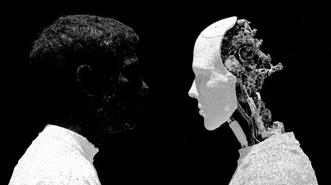 Human silhouette facing advanced humanoid robot profile in high contrast black and white concept art representing future artificial intelligence technology