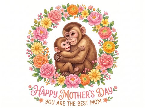 Mother monkey hugging her baby inside a floral wreath for Mother's Day greeting