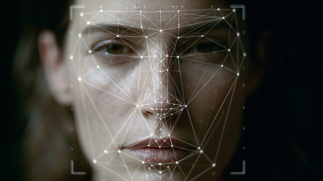 Woman face being scanned by high tech facial recognition software featuring glowing digital nodes and intricate geometric lines on dark background