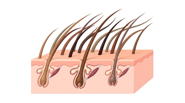 Human hair follicle anatomy diagram detailed illustration of multiple hair roots sebaceous glands and arrector pili muscle in skin cross section for biology and dermatology