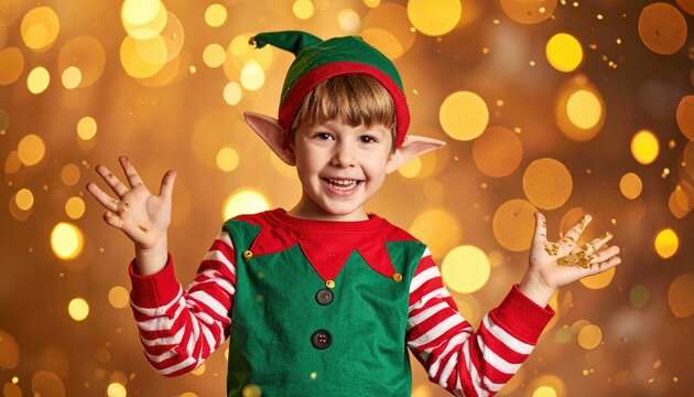 Cute Christmas elf making funny faces and playful gestures with magical golden glitter