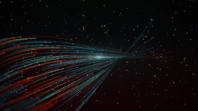 Abstract animated motion background featuring text reveal for Cloud Streaming and subtitle over twisted blue and orange glowing fiber optic particle trails in deep space.