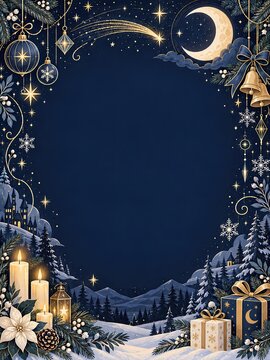 Elegant winter holiday border with crescent moon, snowy mountain forest, candles, ornaments, bells, flowers, and wrapped gifts surrounding a dark blue copy space.