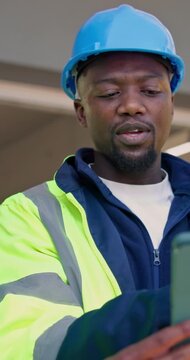 Construction, team and talk with tablet on site for digital blueprint, change order or phase update. People, architect or foreman on tech for building timeline, information request or clash detection