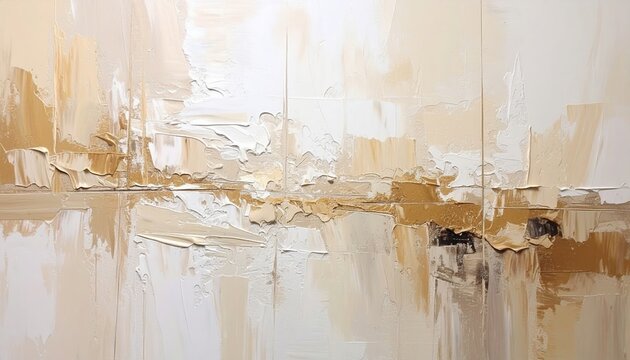Neutral beige and white abstract oil painting with brushstrokes and palette knife textures