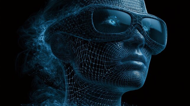 Digital human face constructed from glowing blue wireframe mesh wearing futuristic eyewear isolated against a deep solid black background space
