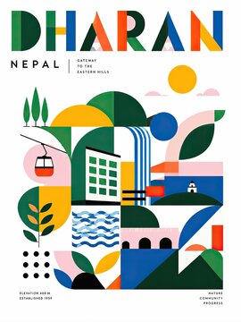 Abstract geometric travel poster for Dharan, Nepal, featuring colorful landscapes, architecture, plants, cable car, river, and the slogan &ldquo;Gateway to the Eastern Hills.&rdquo;