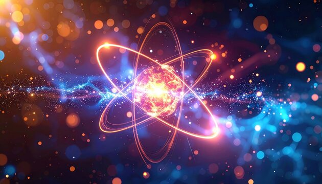 Glowing atomic particles orbiting in space, quantum physics science technology and energy concept