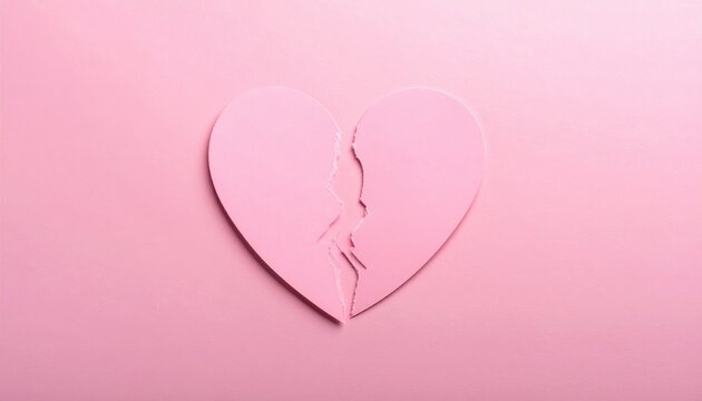 Broken pink paper heart torn in half, emotional distress heartbreak and relationship ending