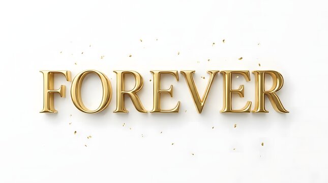 Golden word forever with sparkling dust and elegant decorative design on white background