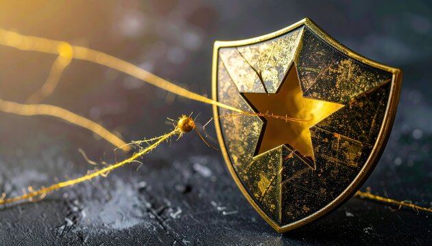Shield with star shaped breach repaired using golden needle and thread, cybersecurity recovery