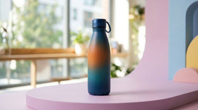 Gradient Reusable Water Bottle on a Pastel Display Stand.