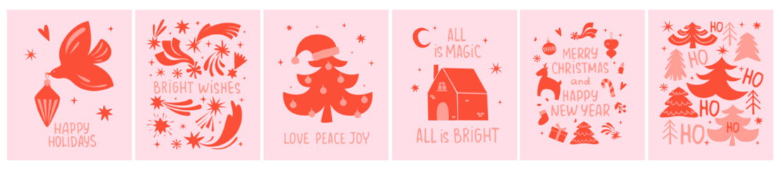 Obraz premium Hand-drawn vintage, retro style Christmas cards set. Cristmas, New Year, winter design elements, decorations, trees, stars, snowflakes, baubles, toys, gifts and houses. Lettering, greetings. 