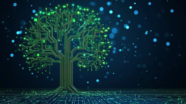 Digital tree illustration combining nature and technology, representing growth, innovation, and the future of sustainable systems