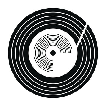 Black vinyl record with stylus arm on white background, music concept