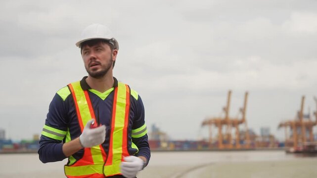 Engineer wearing safety vest and hard hat using walkie talkie and gesturing at dock site terminal, professional port worker with portable radio transmitter directing operations at shipping harbor