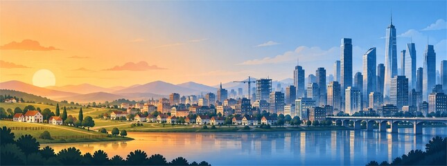 Fototapeta premium From countryside to metropolis transition at sunset