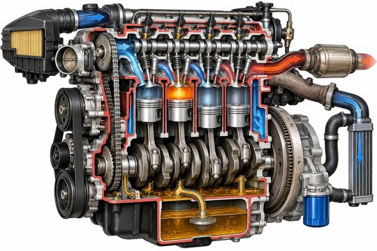 Combustion engine cross section diagram with pistons