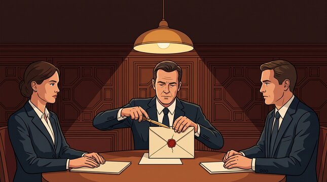 Corporate whistleblower internal investigation ethics committee hearing meeting vector illustration of compliance directors opening sealed evidence envelope at dark wood executive boardroom table