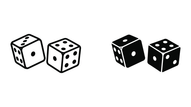 Pair of rolling dice game icons in outline and black filled vector styles