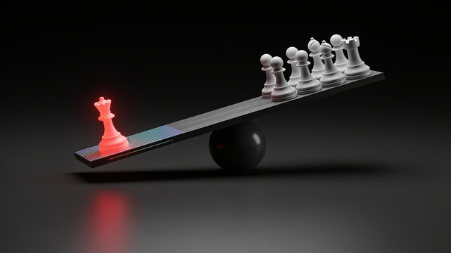 Glowing red queen chess piece balancing against many white pieces