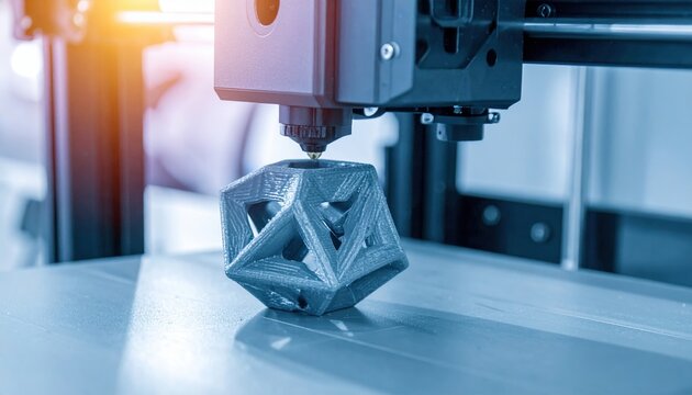 3D printer creating geometric object, advanced additive manufacturing technology, innovation and prototyping