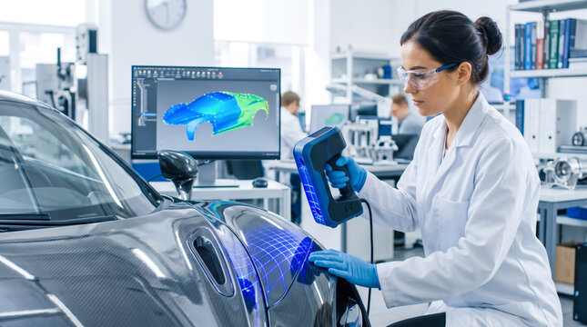 A woman in a lab coat scans a car model with a handheld device. Computers display 3D designs in a bright lab. Other engineers work in the background