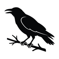 Fototapeta premium Black silhouette of a crow perching on a branch isolated on white background