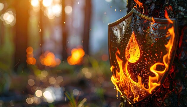 Wildfire prevention shield protecting forest from flames with water drop, environmental conservation concept
