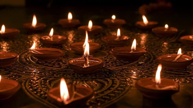 Traditional oil lamps with flickering flames arranged in a decorative pattern  