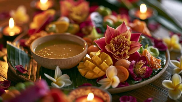 Colorful platter of tropical fruit and flowers with candles  