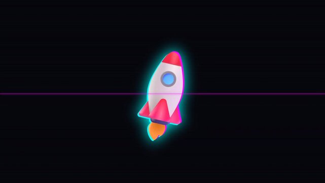 Animated Neon Rocket Ship Launching Into Dark Space Background.