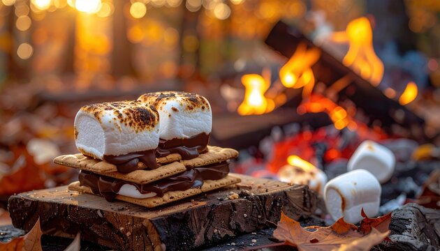 Toasted marshmallow mores with chocolate and graham crackers beside autumn campfire