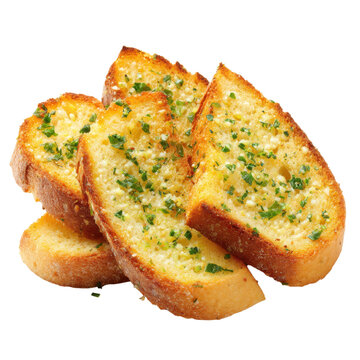 Garlic Bread Slices with Herbs and Golden Butter, Toasted Baguette Appetizer, Savory Side Dish for Pasta Dinner isolated PNG with Transparent Background