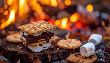 Fototapeta premium Toasted mores with marshmallow chocolate and graham crackers, cozy autumn campfire