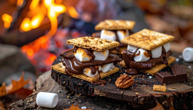 Toasted mores with marshmallow chocolate and graham crackers, cozy autumn campfire