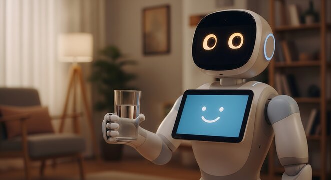 A friendly domestic robot offering a glass of water inside a modern living room.