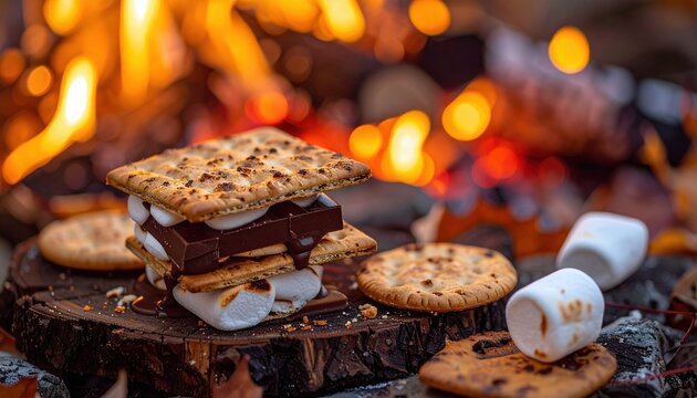 Toasted mores with marshmallow chocolate and graham crackers, cozy autumn campfire