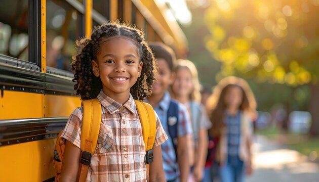 Children with backpacks boarding yellow school bus, education and childhood lifestyle