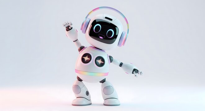 Friendly white robot wearing colorful headphones waves hello in a studio setting