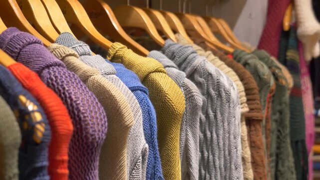 Row of colorful knitted sweaters hanging on wooden hangers in a store, showcasing variety of textures and warm colors